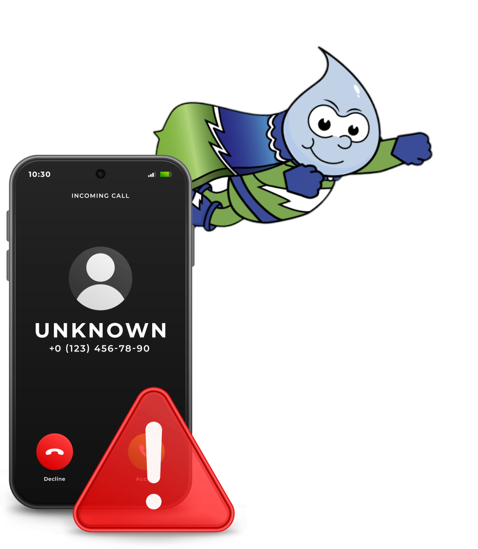 Water drop superhero mascot with unknown call warning on phone screen