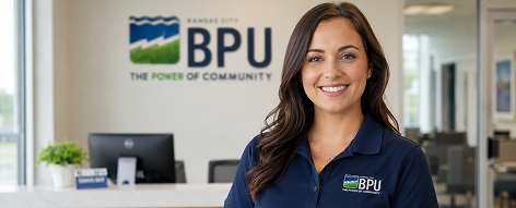BPU customer service representative smiling at desk